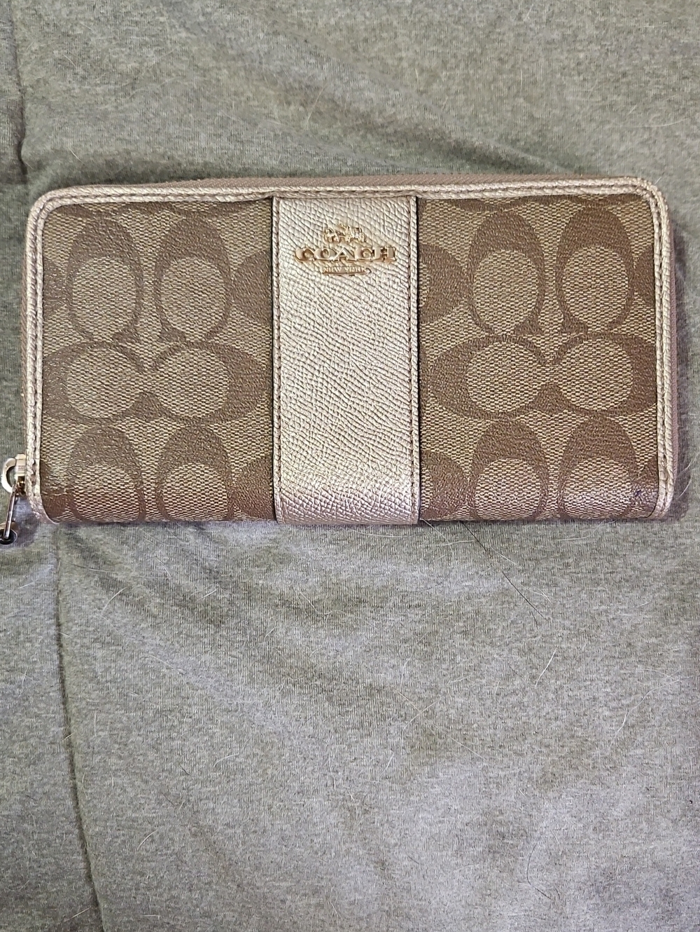 Coach Signature Zip Wallet in Metallic Champagne and Brown Canvas